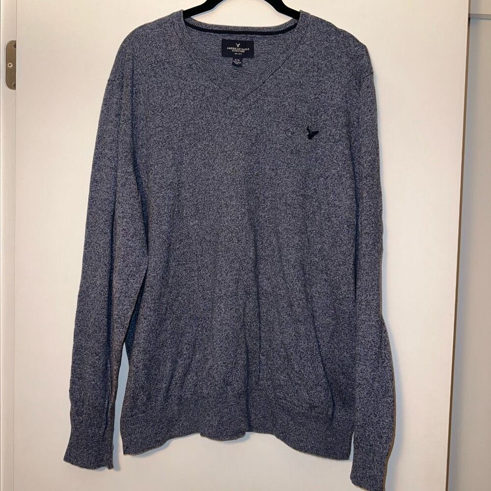 American Eagle Mens XL Navy Blue Gray Long Sleeve Pullover Sweater V Neck GUC